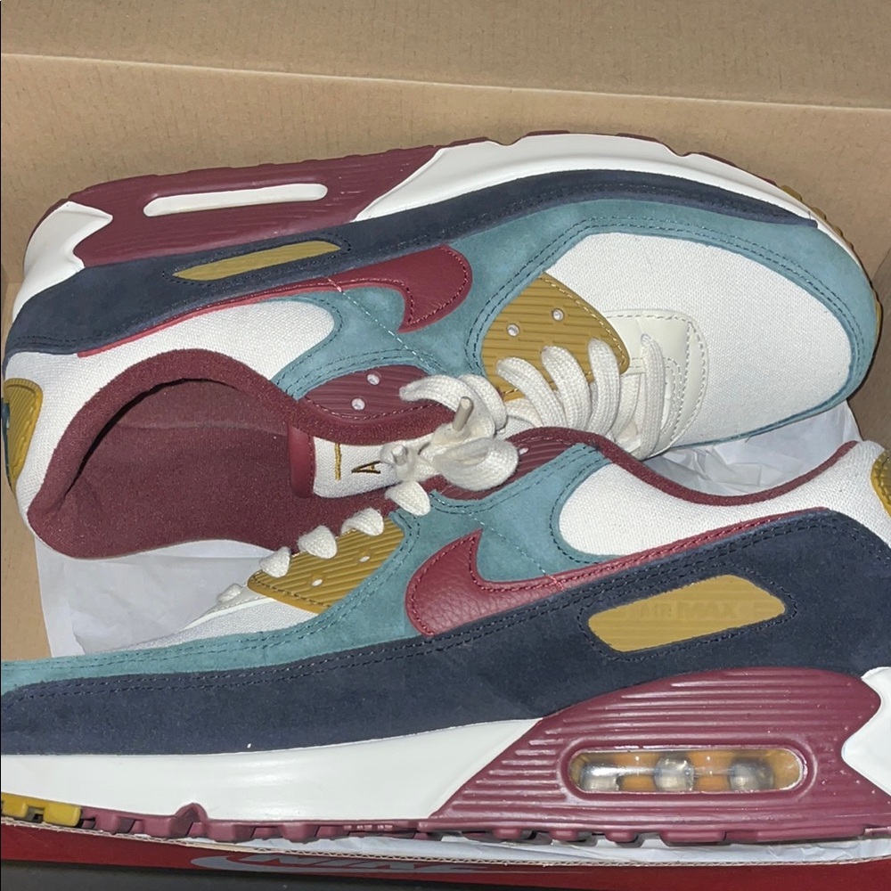 Nike Air Max 90 Women's Sneakers - Burgundy, Blue, Gold, White